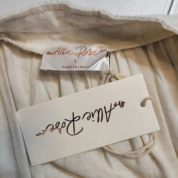 Allie Rose Linen Blend Peasant Blouse Top Beige Oatmeal White Crochet Lace NEW - Picture 7 of 11